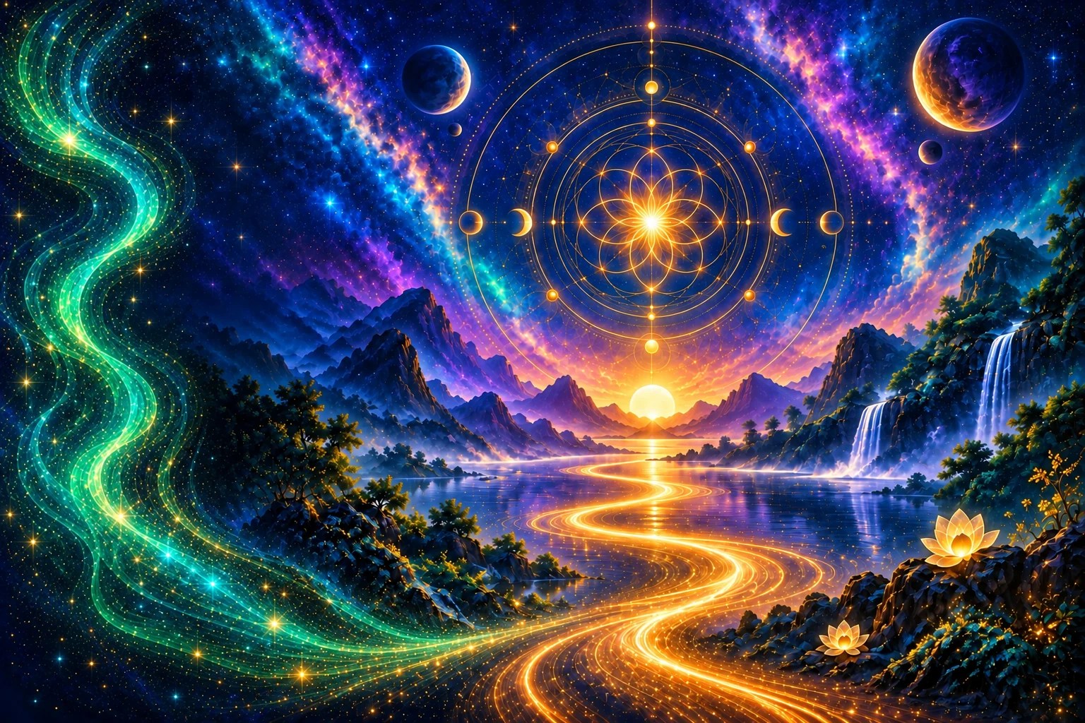Sacred golden geometry above a rising sun and luminous river, with jade energy flowing through a sapphire cosmic landscape